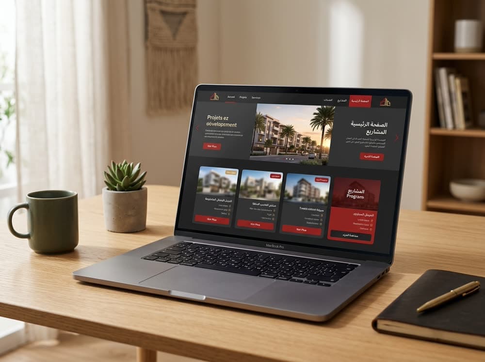 Maquette du site immobilier réalisé par Octadeal, affiché sur un ordinateur portable.